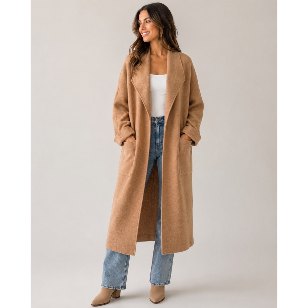 Nation LTD Knit Duster Coat Wool Blend Open Front Camel Tan Medium